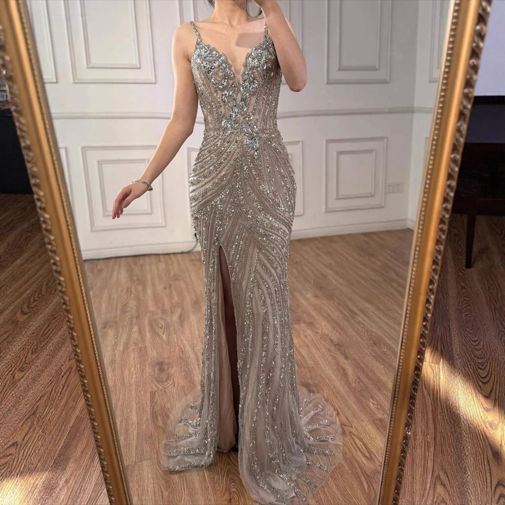 Nove Dress Nude Beaded High Slit Mermaid Evening Dress