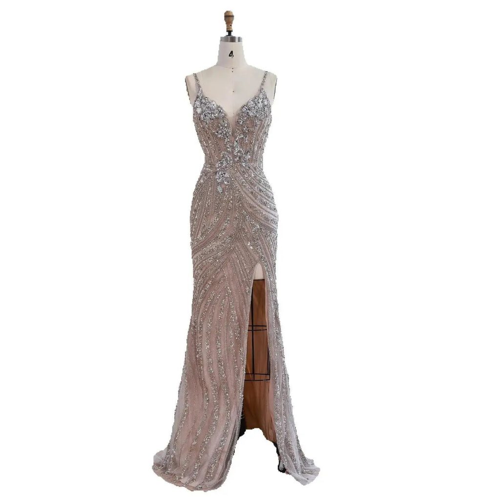 Nove Dress Nude Beaded High Slit Mermaid Evening Dress