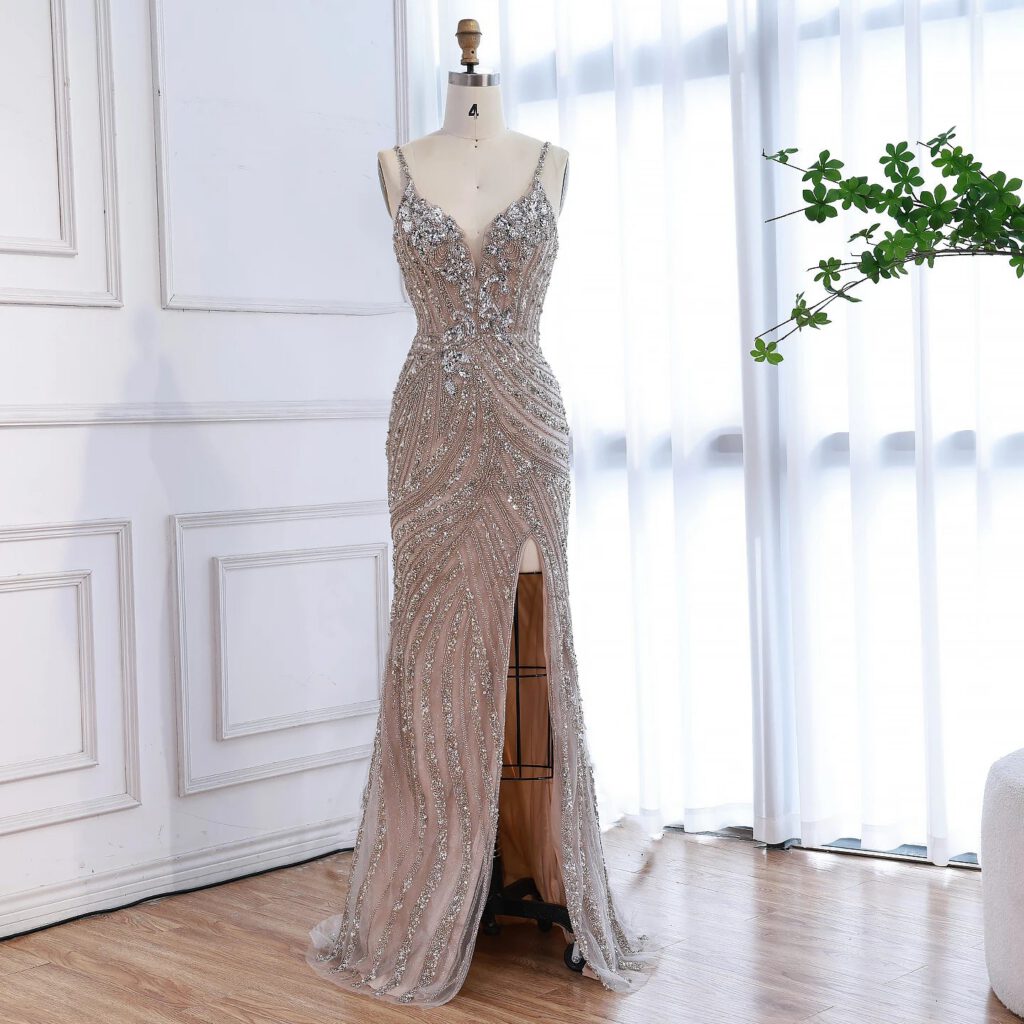 Nove Dress Nude Beaded High Slit Mermaid Evening Dress