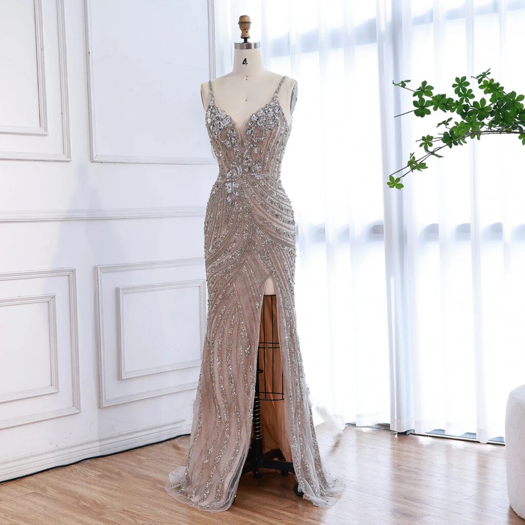 Nove Dress Nude Beaded High Slit Mermaid Evening Dress