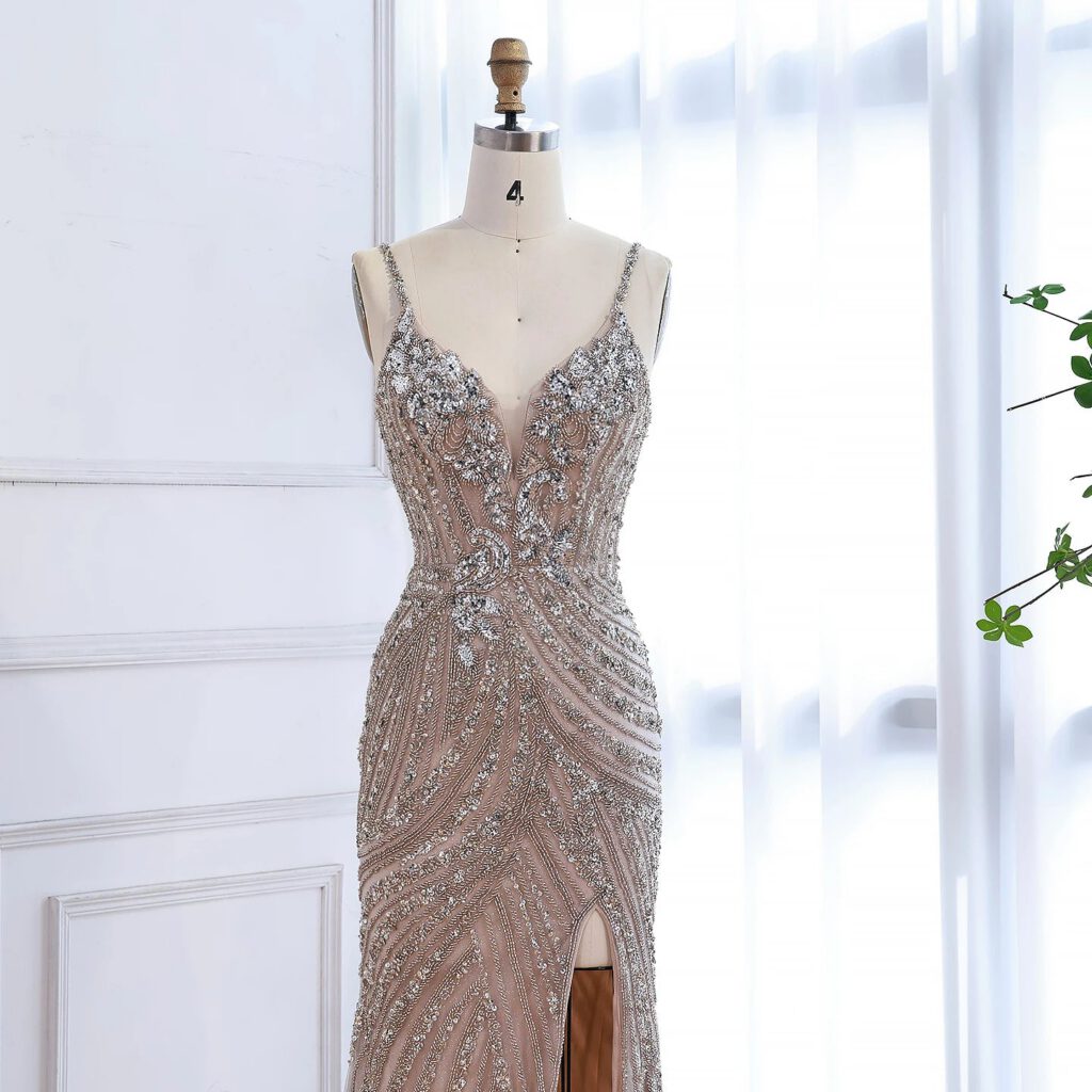 Nove Dress Nude Beaded High Slit Mermaid Evening Dress