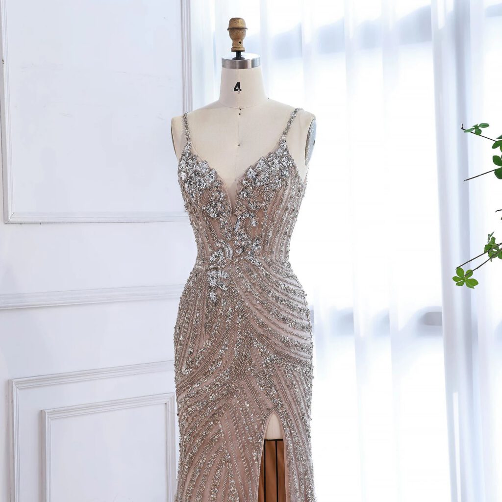Nove Dress Nude Beaded High Slit Mermaid Evening Dress