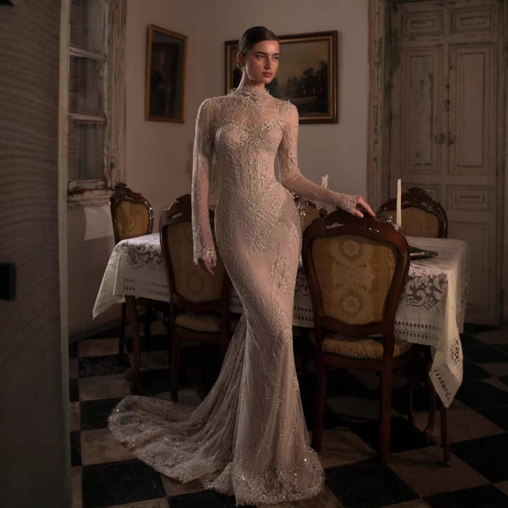 Nove Dress Nude Beaded Lace Long Sleeve Mermaid Evening Dress