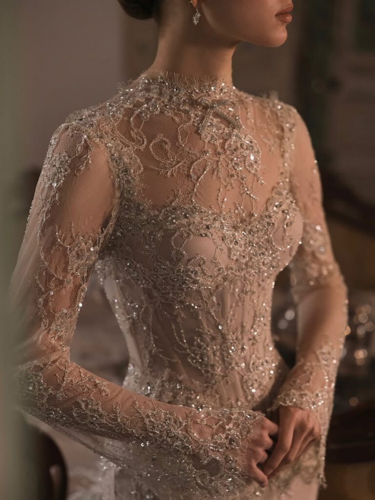 Nove Dress Nude Beaded Lace Long Sleeve Mermaid Evening Dress