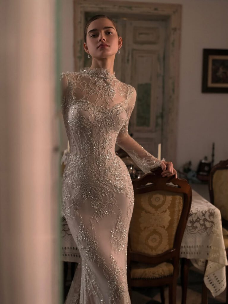 Nove Dress Nude Beaded Lace Long Sleeve Mermaid Evening Dress