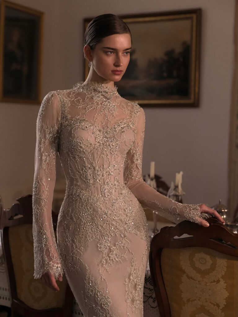 Nove Dress Nude Beaded Lace Long Sleeve Mermaid Evening Dress