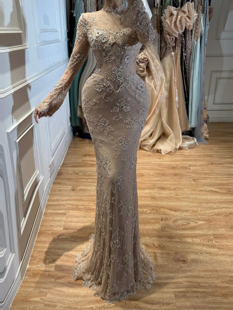 Nove Dress Nude Beaded Lace Long Sleeve Mermaid Evening Dress