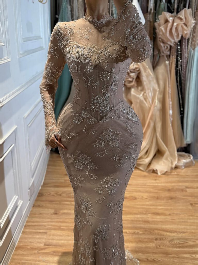 Nove Dress Nude Beaded Lace Long Sleeve Mermaid Evening Dress