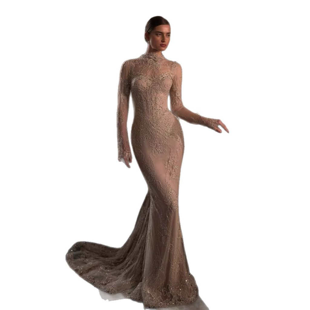 Nove Dress Nude Beaded Lace Long Sleeve Mermaid Evening Dress