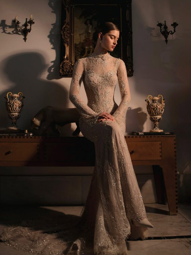 Nove Dress Nude Beaded Lace Long Sleeve Mermaid Evening Dress