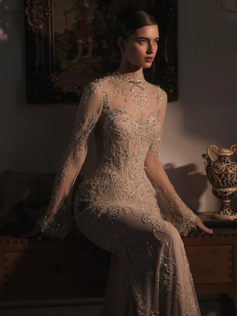 Nove Dress Nude Beaded Lace Long Sleeve Mermaid Evening Dress