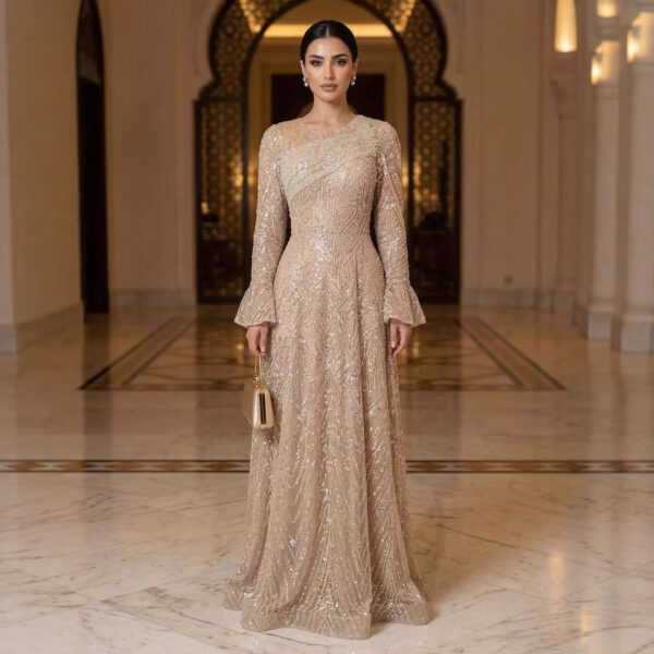 Nove Dress Nude Beaded Long Sleeve A-Line Evening Dress - Style LA73177A 1 - Nove Dress