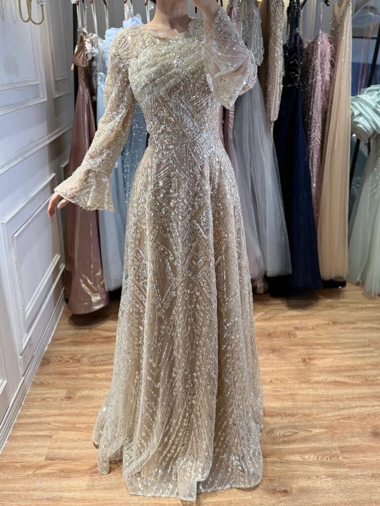 Nove Dress Nude Beaded Long Sleeve A-Line Evening Dress - Style