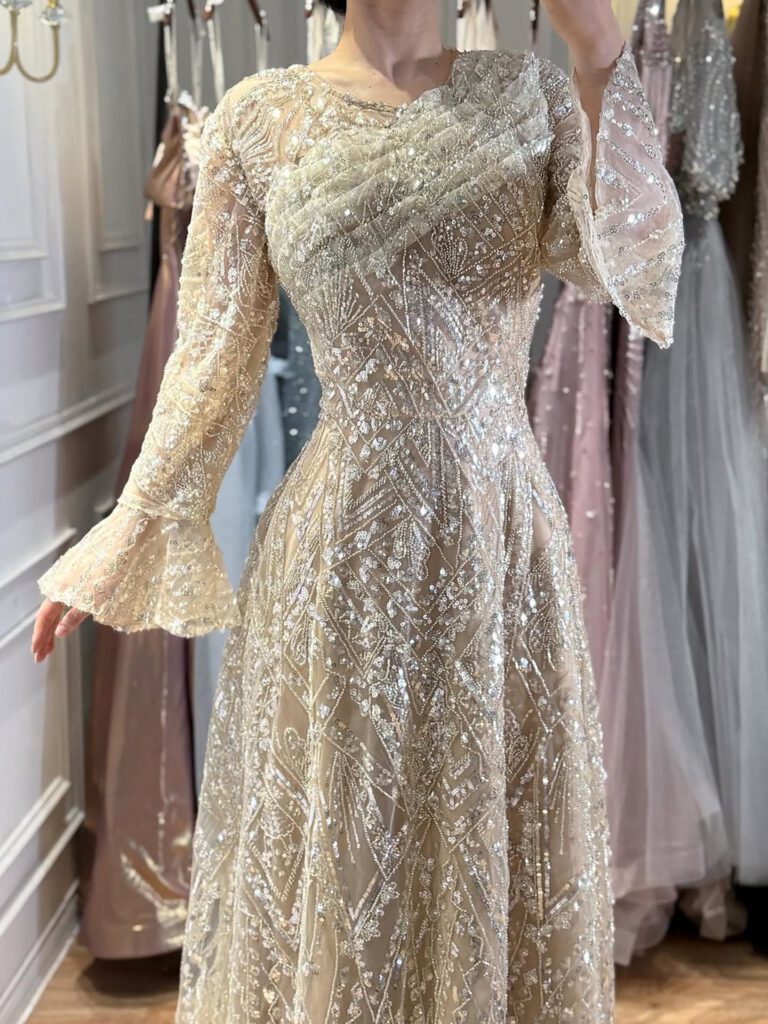 Nove Dress Nude Beaded Long Sleeve A-Line Evening Dress - Style