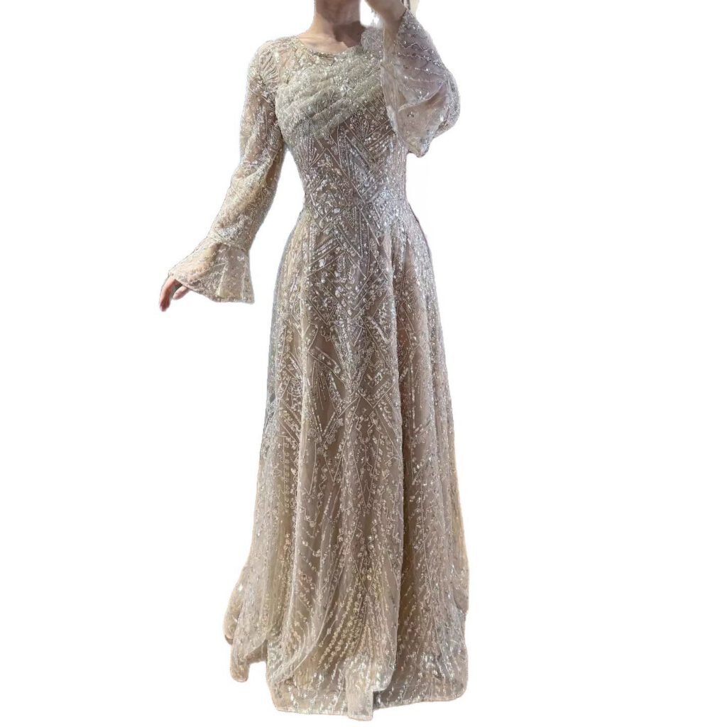 Nove Dress Nude Beaded Long Sleeve A-Line Evening Dress - Style