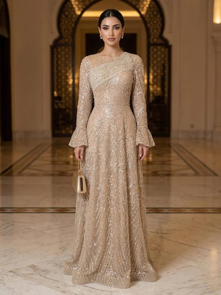 Nove Dress Nude Beaded Long Sleeve A-Line Evening Dress - Style