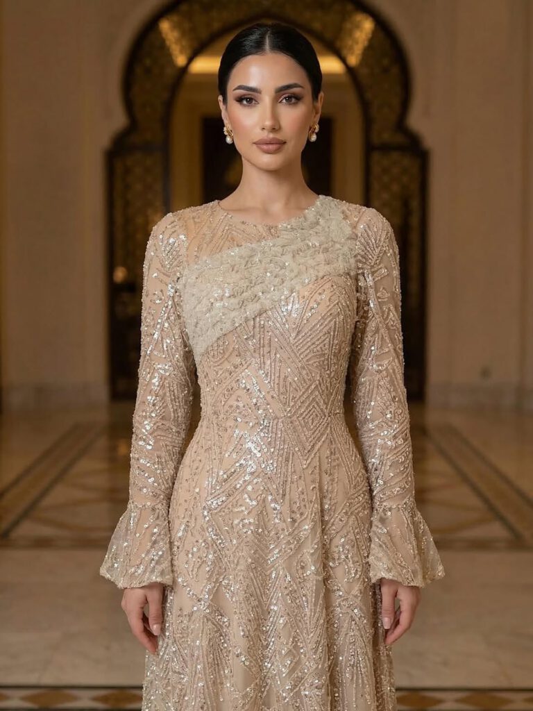 Nove Dress Nude Beaded Long Sleeve A-Line Evening Dress - Style