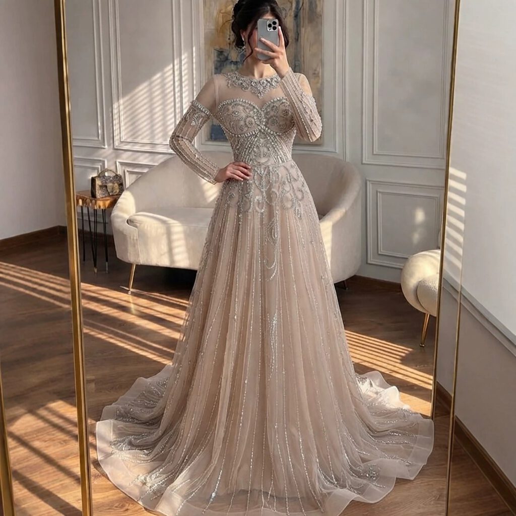 Nove Dress Nude Beaded Long Sleeve A-Line Evening Dress - Style
