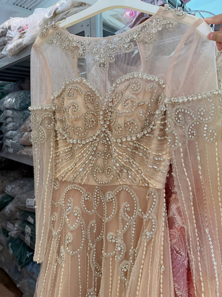 Nove Dress Nude Beaded Long Sleeve A-Line Evening Dress - Style