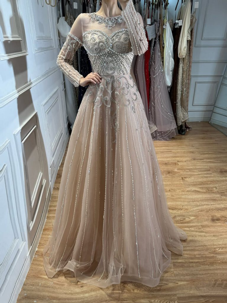 Nove Dress Nude Beaded Long Sleeve A-Line Evening Dress - Style