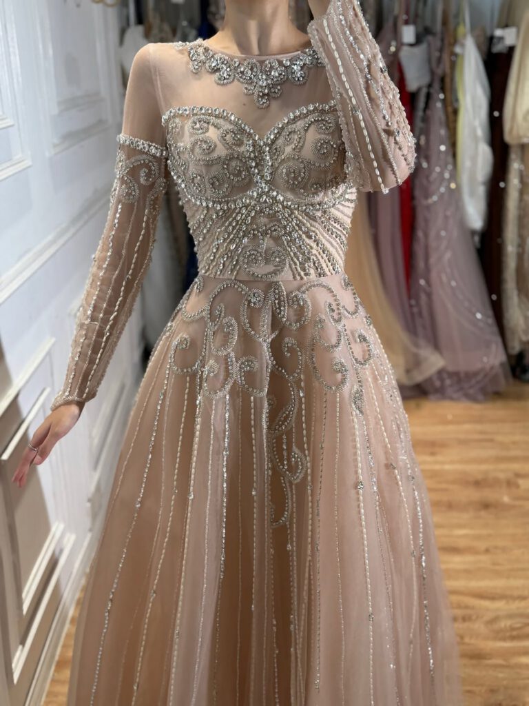 Nove Dress Nude Beaded Long Sleeve A-Line Evening Dress - Style