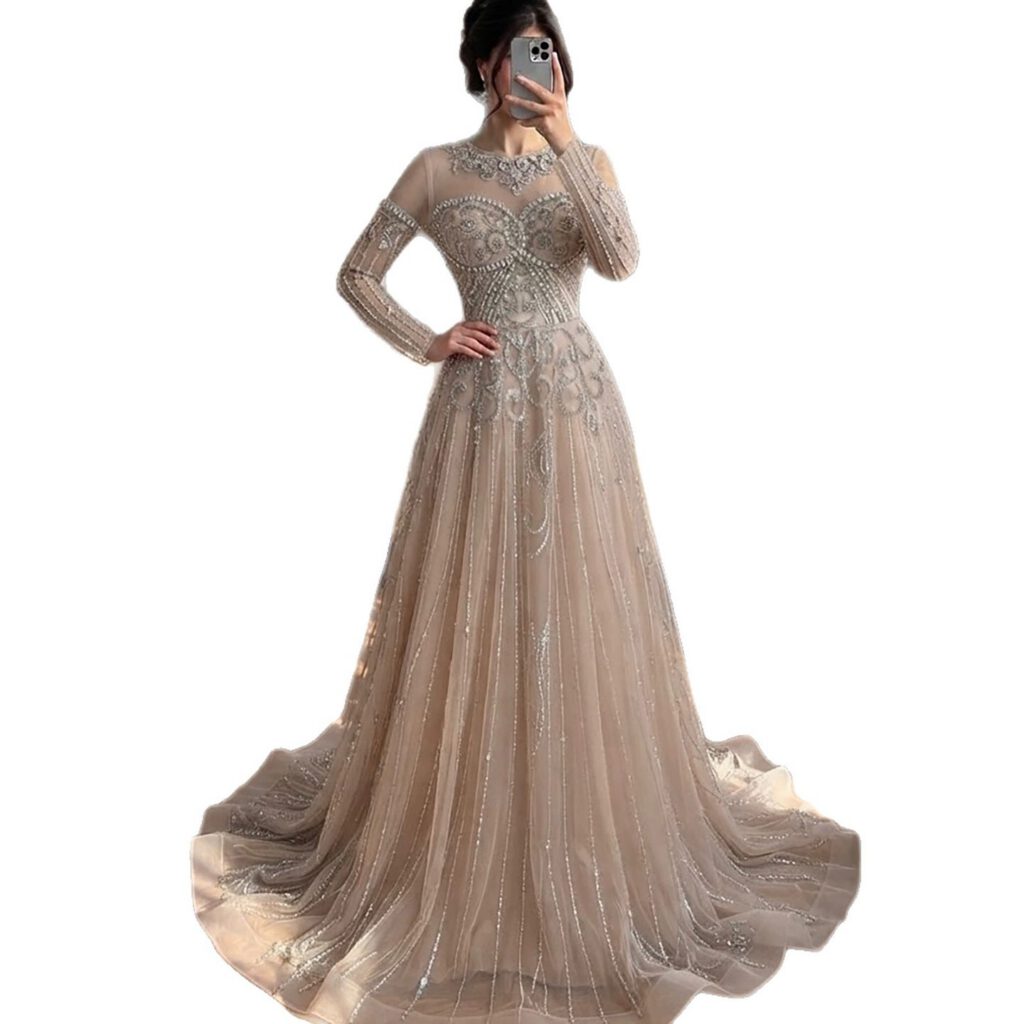 Nove Dress Nude Beaded Long Sleeve A-Line Evening Dress - Style