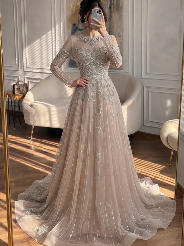 Nove Dress Nude Beaded Long Sleeve A-Line Evening Dress - Style