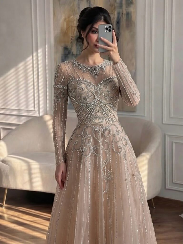 Nove Dress Nude Beaded Long Sleeve A-Line Evening Dress - Style