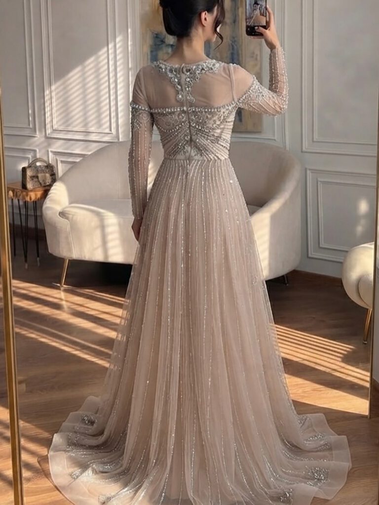 Nove Dress Nude Beaded Long Sleeve A-Line Evening Dress - Style