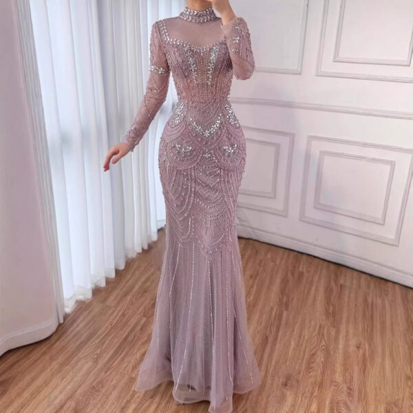 Nove Dress Nude Beaded Long Sleeve High Neck Mermaid Modest Evening Dress 1 - Nove Dress