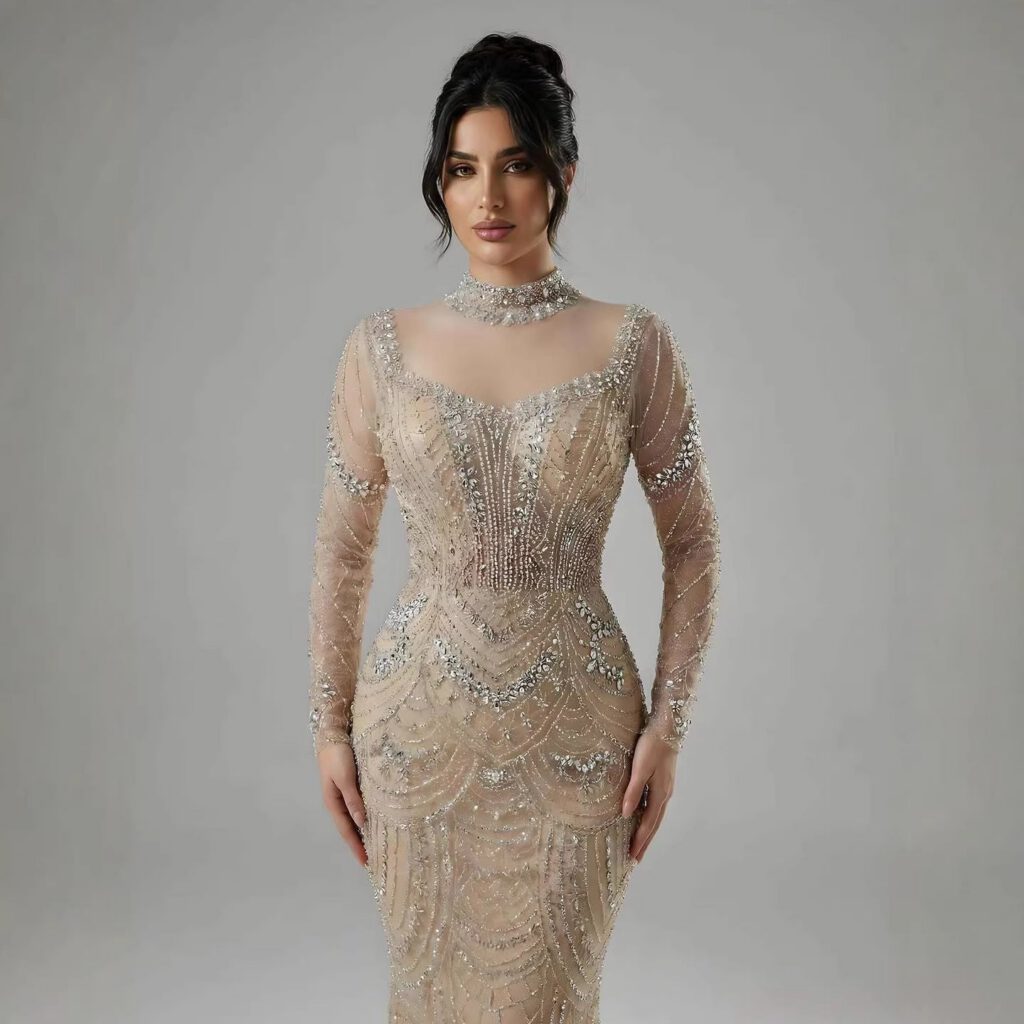 Nove Dress Nude Beaded Long Sleeve High Neck Mermaid Modest Evening Dress