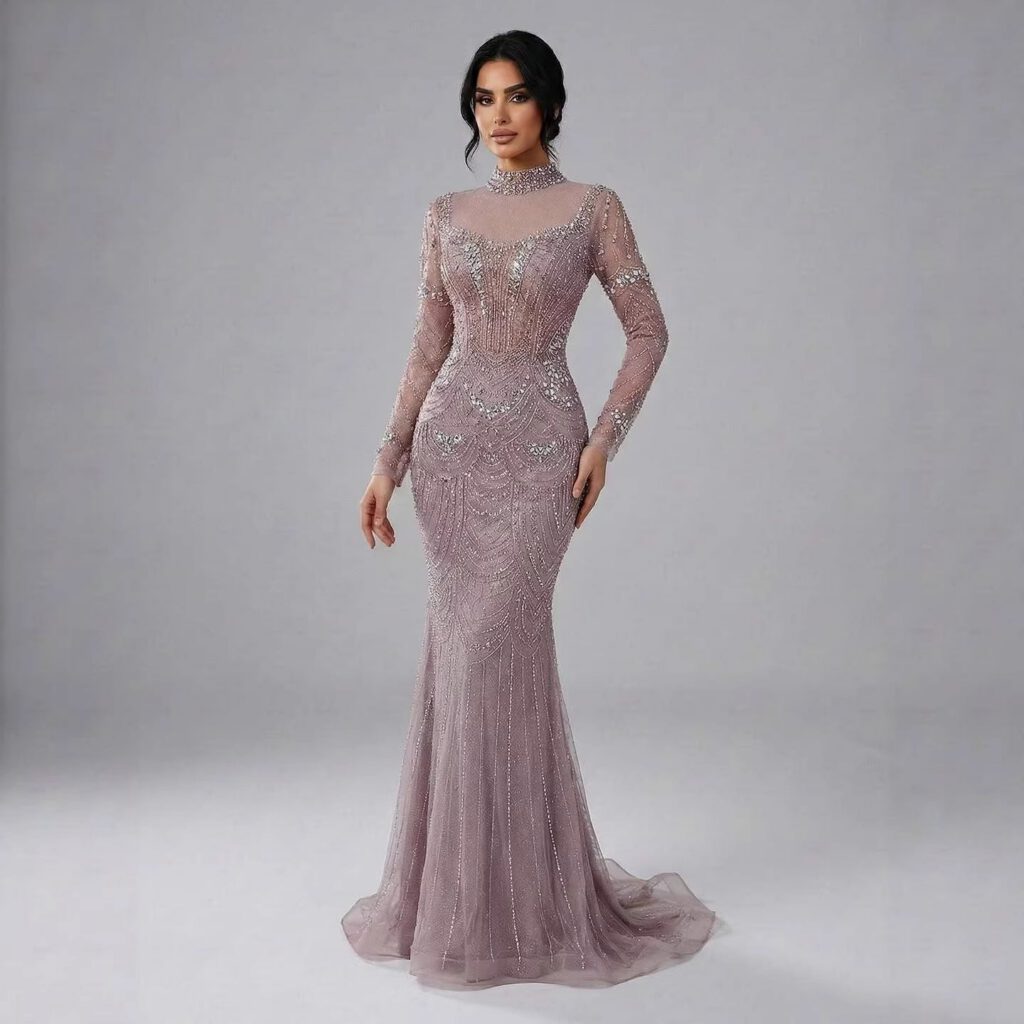 Nove Dress Nude Beaded Long Sleeve High Neck Mermaid Modest Evening Dress