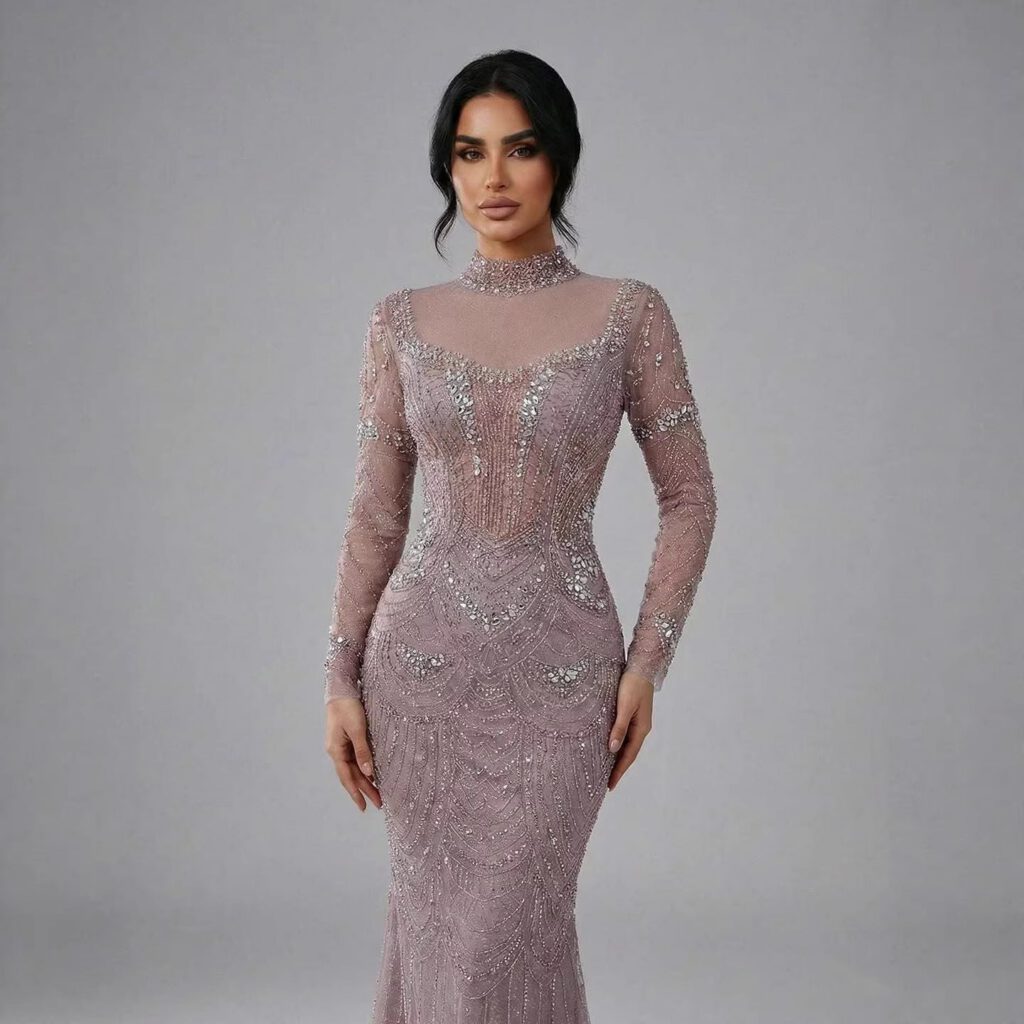 Nove Dress Nude Beaded Long Sleeve High Neck Mermaid Modest Evening Dress