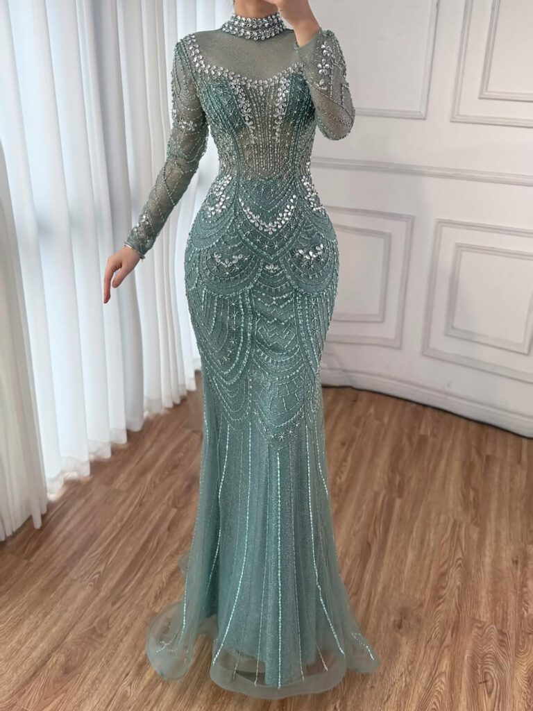 Nove Dress Nude Beaded Long Sleeve High Neck Mermaid Modest Evening Dress