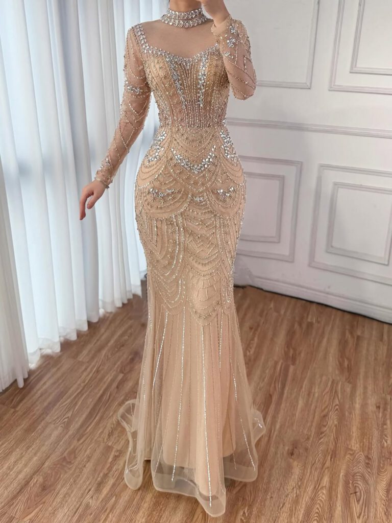 Nove Dress Nude Beaded Long Sleeve High Neck Mermaid Modest Evening Dress