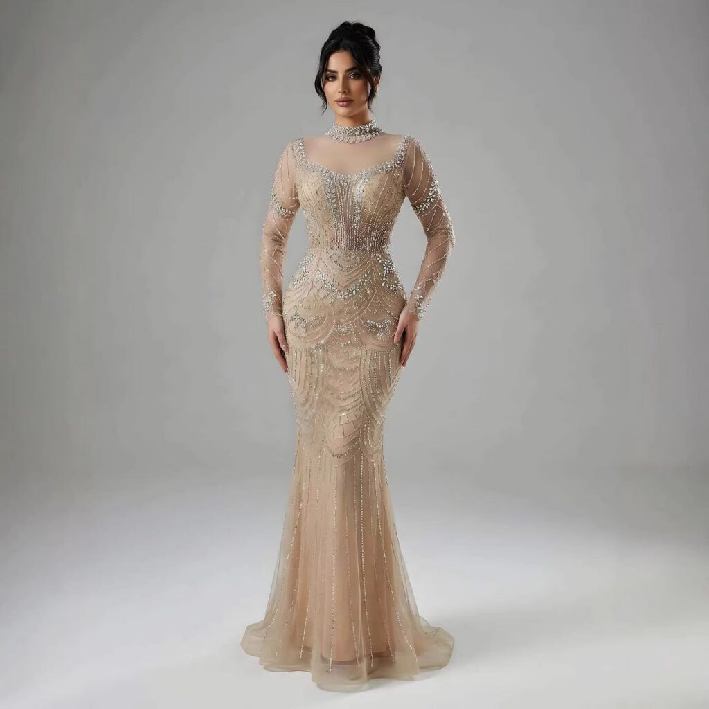 Nove Dress Nude Beaded Long Sleeve High Neck Mermaid Modest Evening Dress