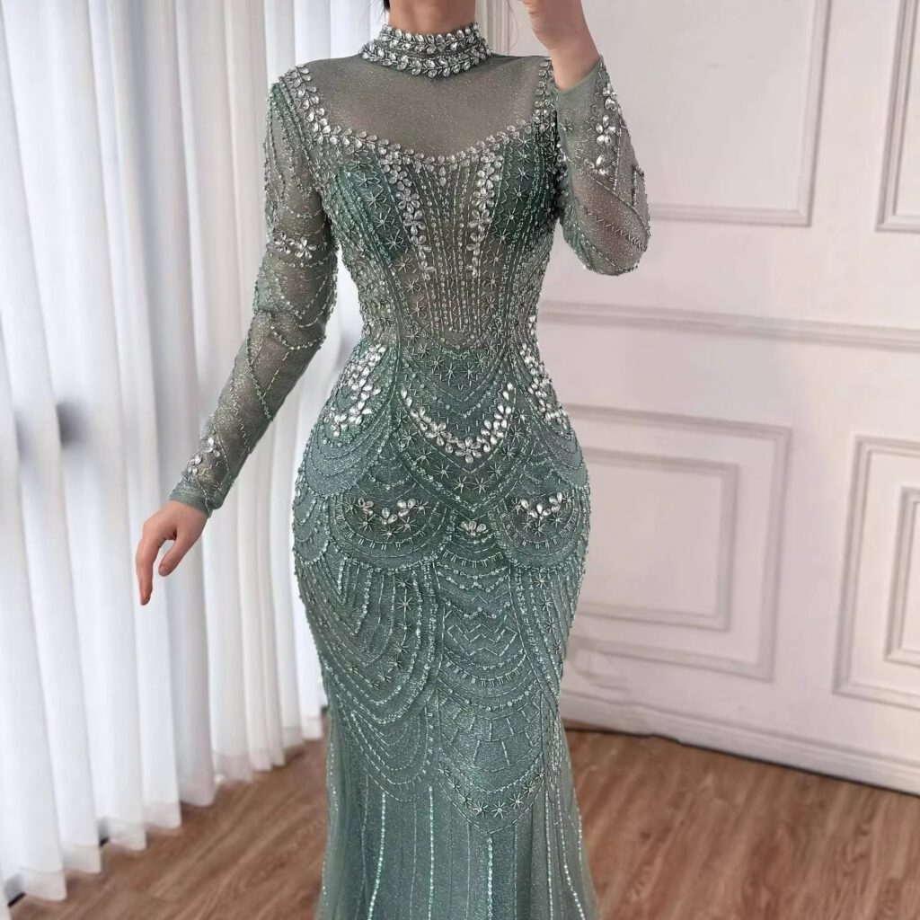 Nove Dress Nude Beaded Long Sleeve High Neck Mermaid Modest Evening Dress