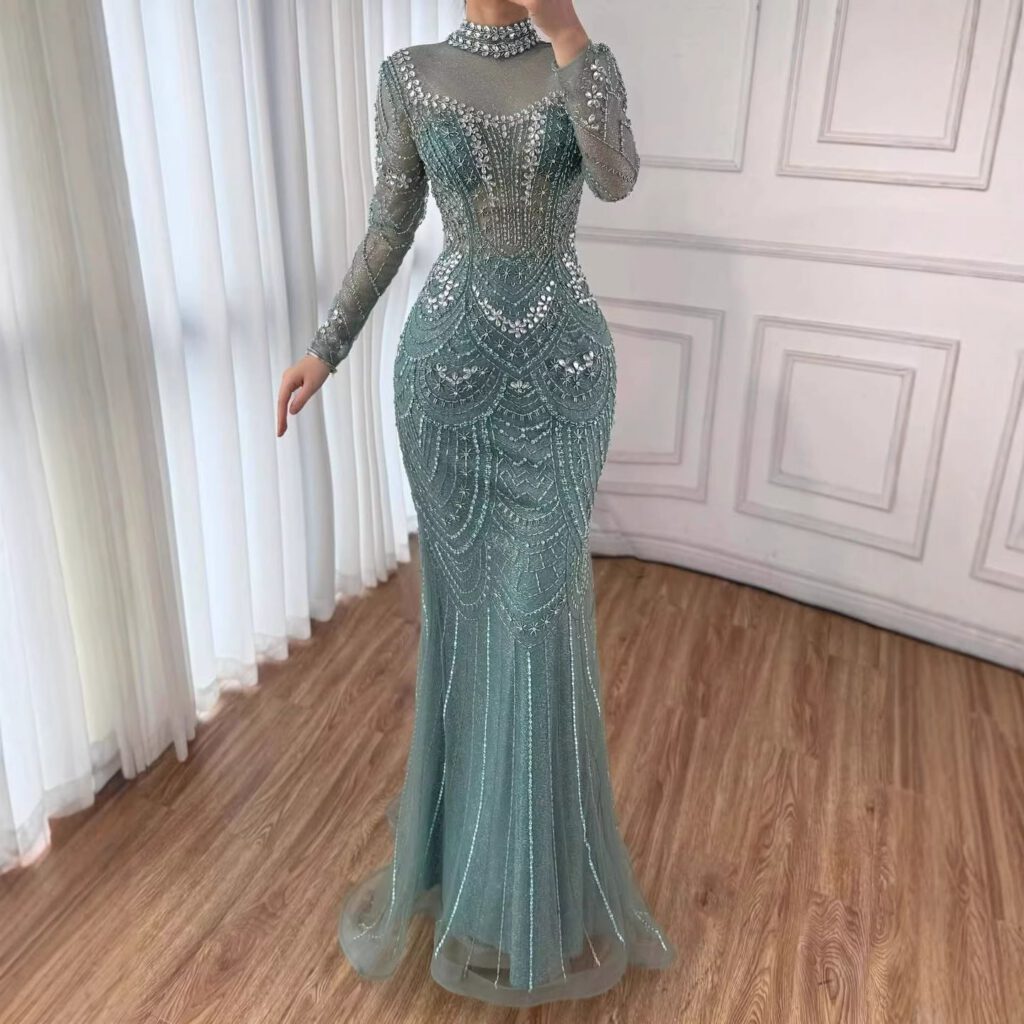 Nove Dress Nude Beaded Long Sleeve High Neck Mermaid Modest Evening Dress