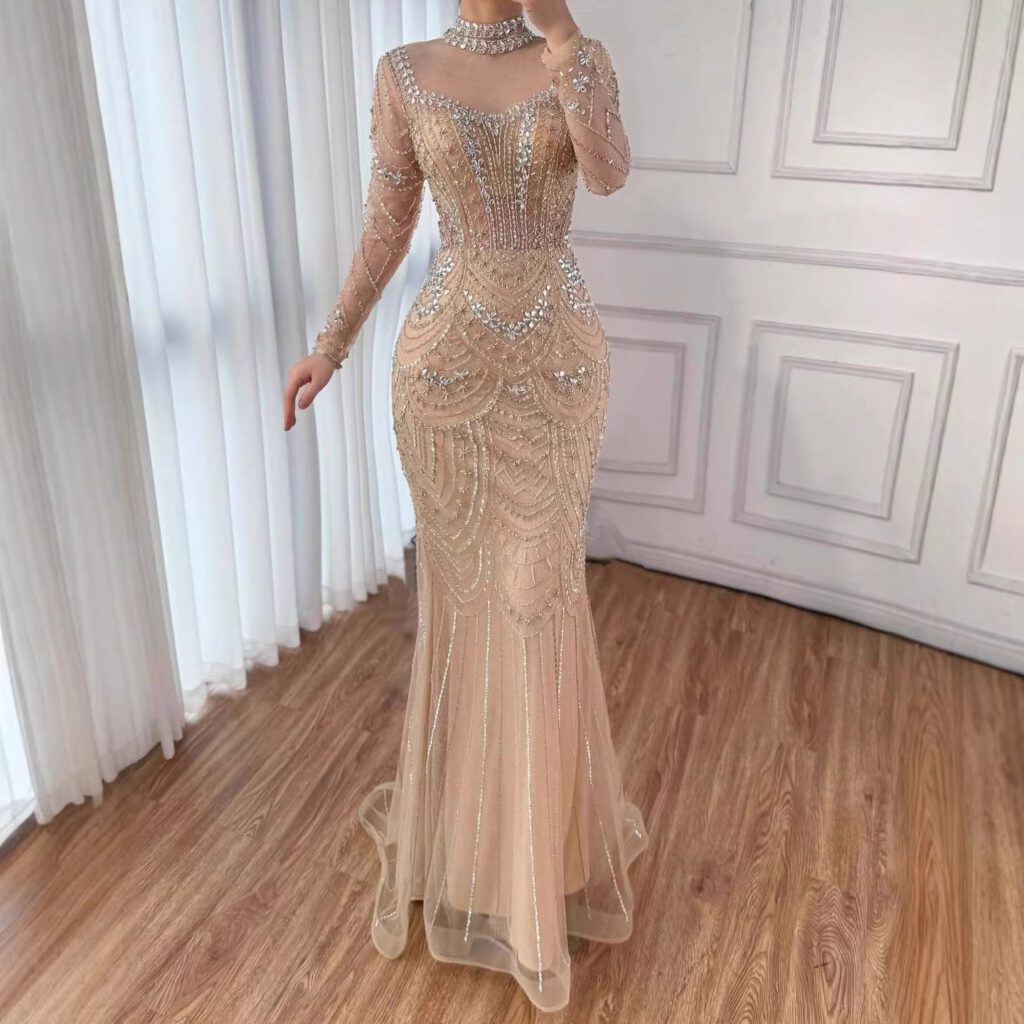 Nove Dress Nude Beaded Long Sleeve High Neck Mermaid Modest Evening Dress