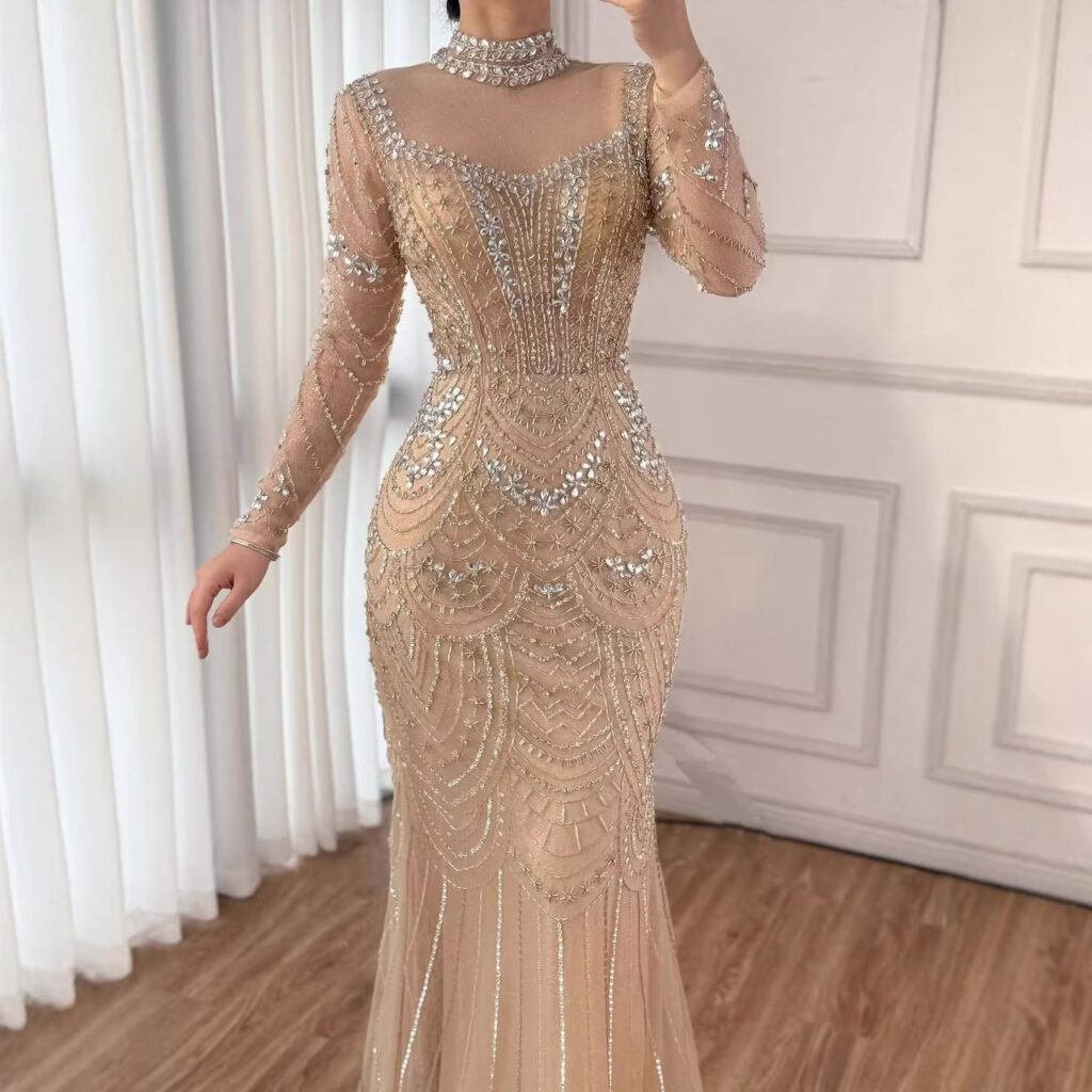 Nove Dress Nude Beaded Long Sleeve High Neck Mermaid Modest Evening Dress