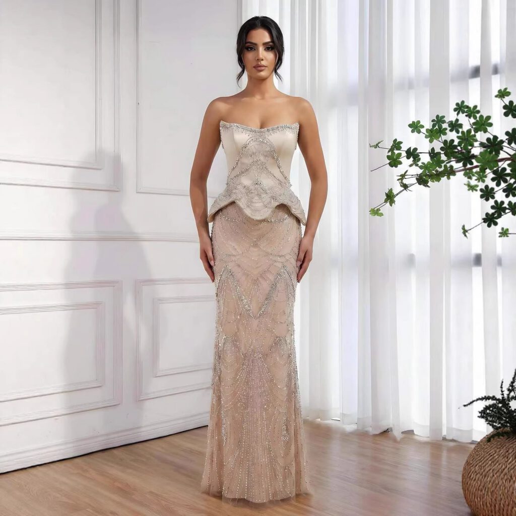Nove Dress Nude Beaded Mermaid Evening Dress - Style