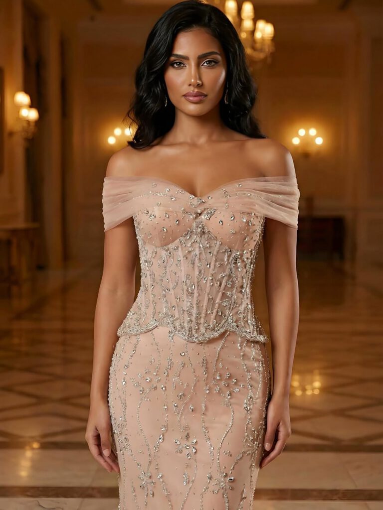 Nove Dress nude Meerjungfrau Abendkleid mit Perlenstickerei