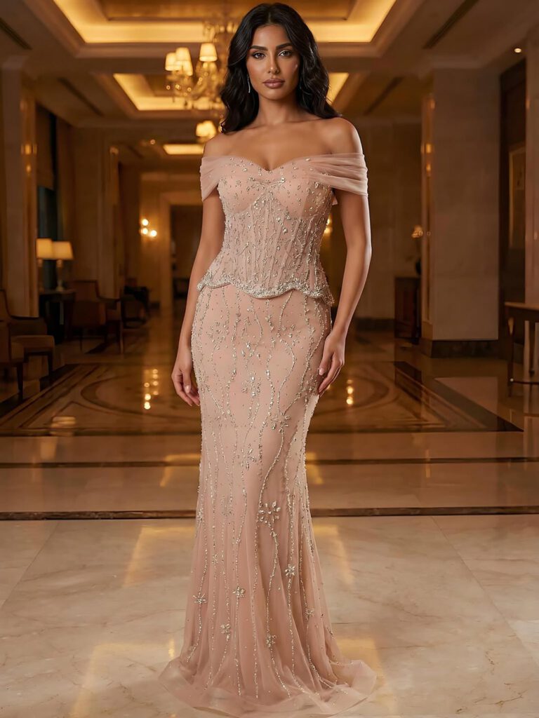 Nove Dress nude Meerjungfrau Abendkleid mit Perlenstickerei