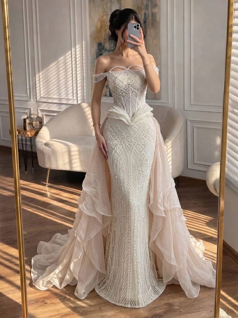 Nove Dress Nude Beaded Mermaid Evening Dress - Style