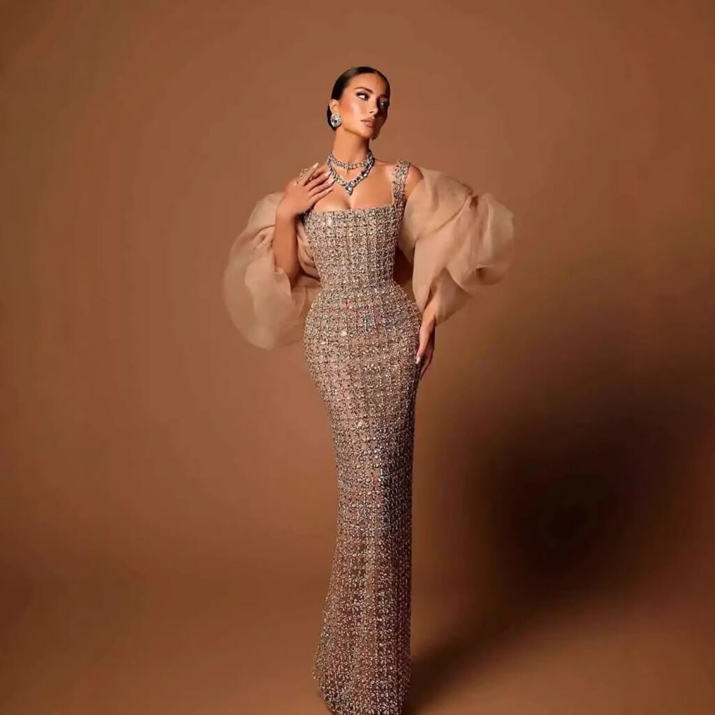 Nove Dress Nude Beaded Mermaid Evening Dress - Style