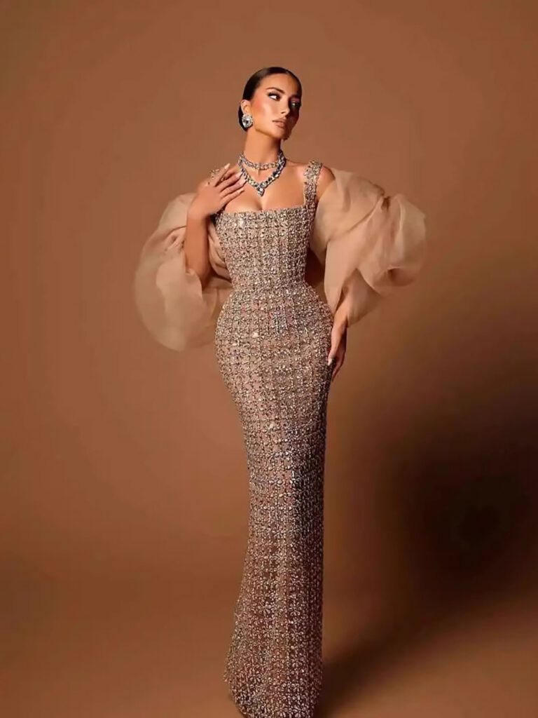 Nove Dress Nude Beaded Mermaid Evening Dress - Style