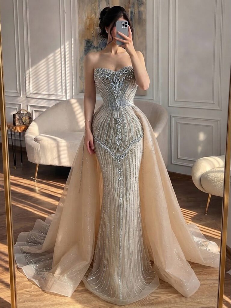 Nove Dress Nude Beaded Mermaid Evening Dress - Style