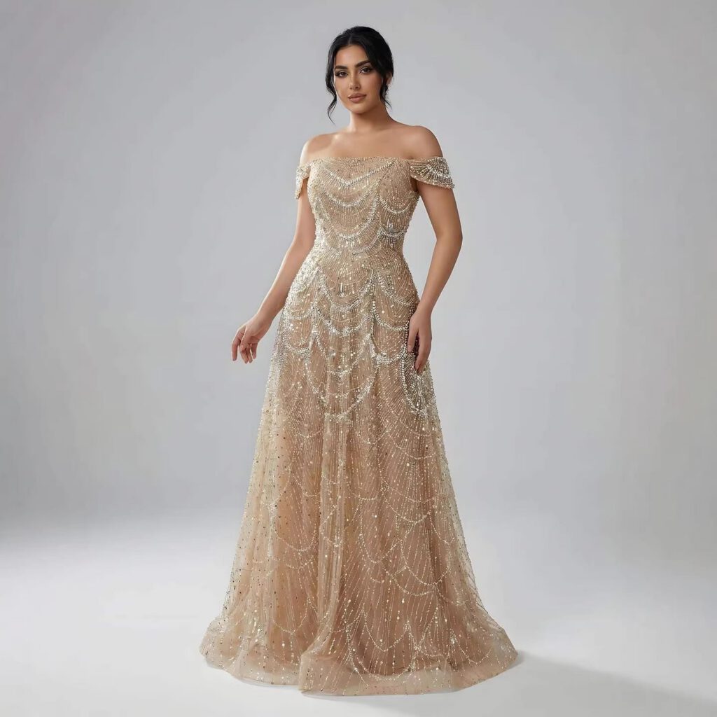 Nove Dress فستان سهرة نود قصة A-line مطرز مكشوف الكتفين