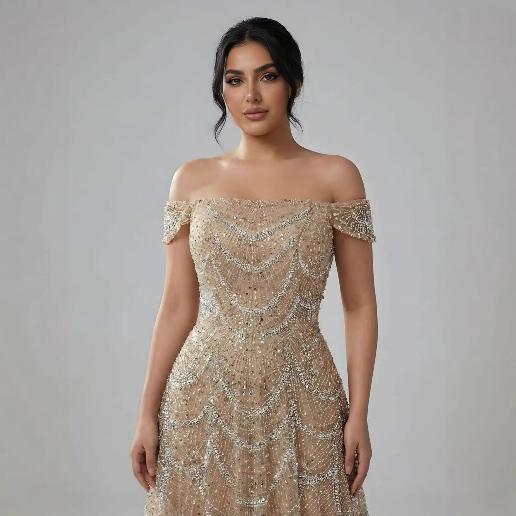 Nove Dress فستان سهرة نود قصة A-line مطرز مكشوف الكتفين