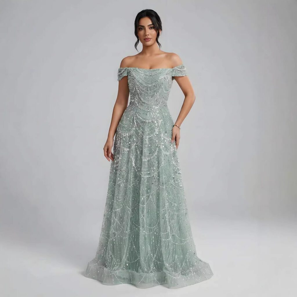 Nove Dress فستان سهرة نود قصة A-line مطرز مكشوف الكتفين